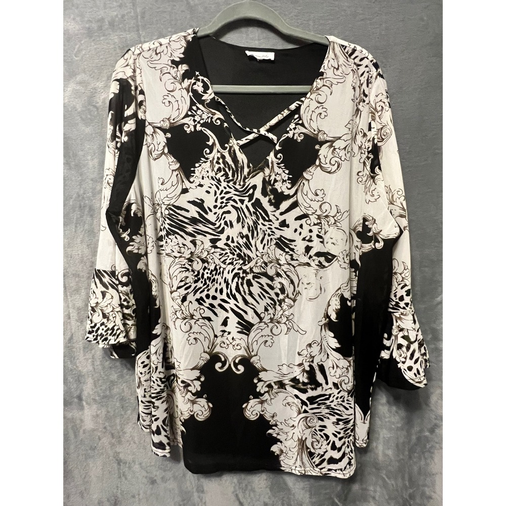 Siren Lily Black White Baroque Animal Print Tunic Top 2X Lined